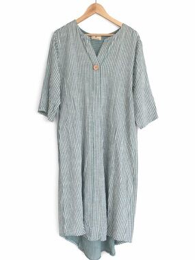 Flair Flaunt Striped Linen Midi Dress - Sage Green S/M - Made in Italy